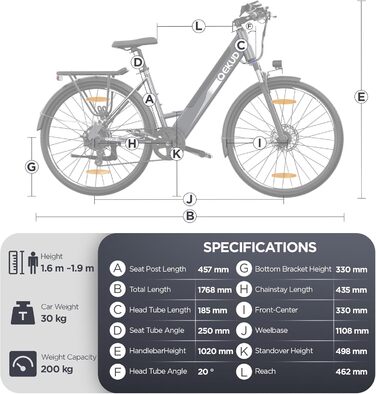 Електровелосипед Qekud 36В 12,5Аг, міський та гірський e-bike з LCD-дисплеєм, акумулятором Li-Ion, запас ходу до 100 км, EU-конформний, з додатком
