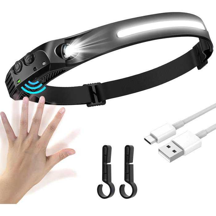 Ліхтар на голову LED акумуляторний USB, 350 люмен, 230° COB, сенсор, 5 режимів, IPX4, вологостійкий, для риболовлі