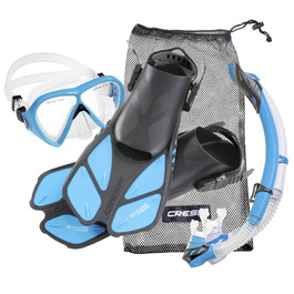 Комплект для снорклінгу Cressi BONETE Deluxe (маска, трубка, ласти, сітка) - світло-блакитний - розмір S/M - 36/42