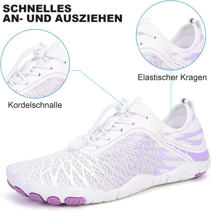 RUYI Взуття для пішоходів без шкарпеток унісекс, швидковисихаюче, для плавання, м'яке, легке, трейлраннінг, фітнес, з неслизькою підошвою та широкою передньою частиною (A09 Білий/Фіолетовий, 41 EU)