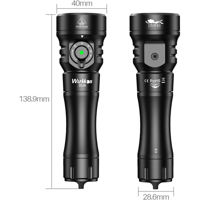 Ліхтар підводний Wurkkos DL08 – 3600 люмен, IPX8, з червоним та UV світлом, регулювання потужності, режими Spot/Flood, Type-C, CRI 90