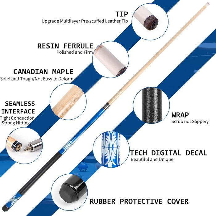 Набір для більярду Lotmusic: 1/2 роздільні кийки, вага 510-595 г, канадський клен, синій колір, 4 шт.