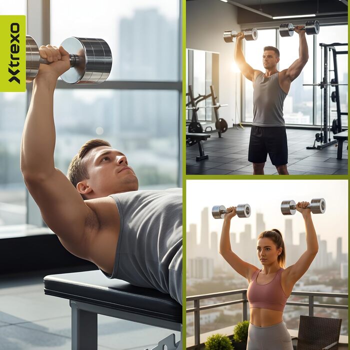 Набір гантелей XTREXO Verte Kurz 2 шт. (2.5-12 кг) – сталеві гантелі з неслизьким грифом, міцні та довговічні. Ідеальні для силових тренувань вдома та в спортзалі (хром, 2 x 7 кг)