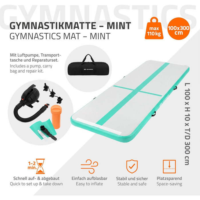 Надувний гімнастичний мат Airtrack ECD Germany для тамблінгу та фітнесу, 300 x 100 x 10 см, м'ятно-зелений (з електричним насосом та сумкою)