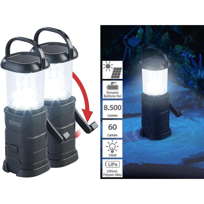 Semptec Ліхтарі для виживання Urban Survival Technology: Набір 2 шт. LED кемпінгові ліхтарі, зарядка від динамо, сонячної батареї та USB (ліхтарі-кришки, ліхтарі на ручку, power bank)