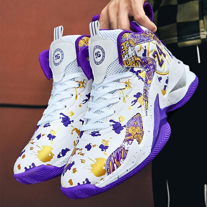 Баскетбольні кросівки для чоловіків та хлопців, високий верх, антиковзаюча підошва, спортивні кросівки для осені/зими, розміри 35-45 EU, чорно-білі (43 EU, фіолетово-білі)