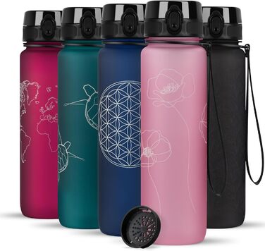 Пляшка для води 720°DGREE uberBottle 1 л з ситечком, герметична, легка, BPA-free, тритан, для спорту, фітнесу, велоспорту, університету, багаторазова, рожева квітка, Softtouch