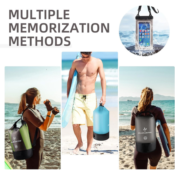 Водонепроникний мішок Drysack 20 л Roll-Top з кишенею для телефону – для каякінгу, човнів, походів, рафтингу, плавання, кемпінгу та риболовлі (Чорний)