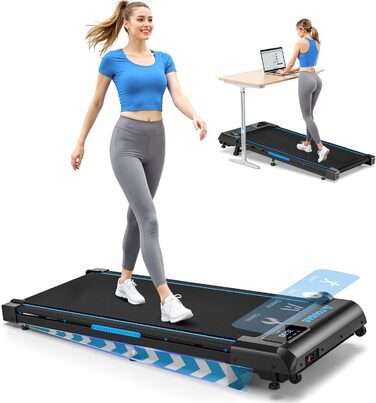 Walking Pad - біговий доріжка для дому з регулюванням нахилу до 9%, потужність 2.5HP, LED-дисплей, пульт дистанційного керування, 12 програм, подвійне амортизація, до 150 кг, чорно-блакитний