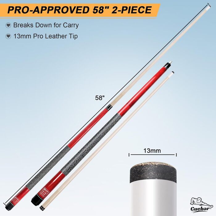 Більярдний кий CUEBAR, 147,3 см, 2-секційний, з горіха, з верхівкою 13 мм та льоновим грифом, для домашньої більярдного столу, для дорослих, 8 кольорів, 4 варіанти ваги (510 г, 538 г, 567 г, 595 г).