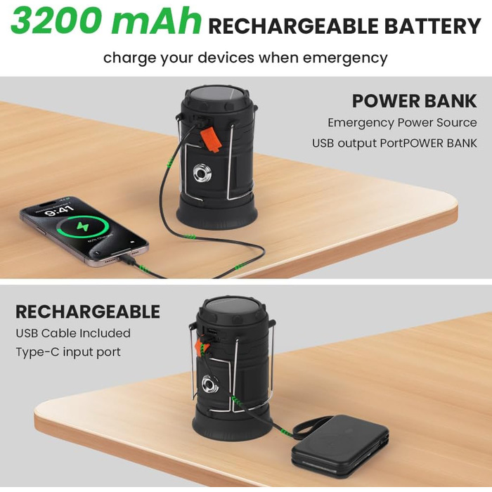 LED кемпінговий ліхтар HOTUT Solar, 3200 mAh, складаний, водонепроникний, з ручкою, USB, ручне заряджання, аварійне освітлення для туризму, риболовлі, SOS, відключень електроенергії 3 в 1