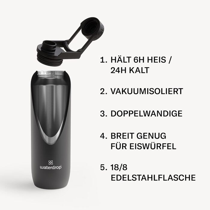 Термос-пляшка waterdrop® 1 л, ізольована, нержавіюча сталь, 24 год холоду, 12 год тепла, герметична, ударостійка, чорний матовий, з кришкою Swing