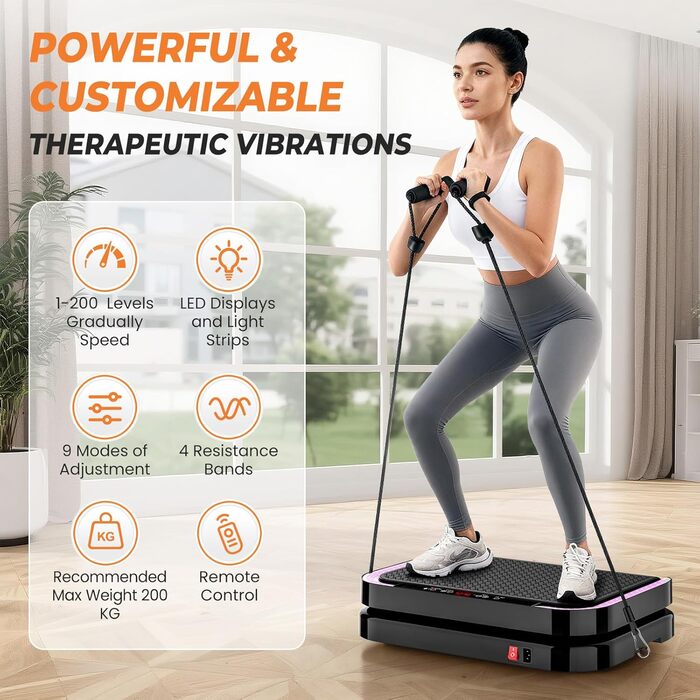 Віброплатформа для фітнесу з 200 рівнями інтенсивності, 9 програмами, Bluetooth, пульт, резинки, до 200 кг, для дому