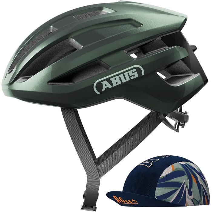 Велошолом ABUS PowerDome ACE для шосейного велосипеда, зелений мох, S (51-55 см), легкий, з вентиляцією, у комплекті з кепкою, для чоловіків та жінок, Made in Italy