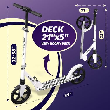 Nattork 8-дюймовий самокат з міцними колесами для підлітків та дорослих - 100 кг, амортизатор переднього колеса та регульоване кермо (білий)