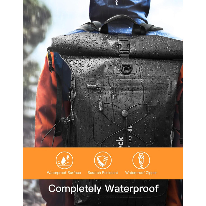 Рюкзак Inateck RollTop 30-35 л для чоловіків, водонепроникний, багатофункціональний органайзер із знімним плечовим ременем, клапаном для виходу повітря, водонепроникною блискавкою, для велоспорту, туризму, активного відпочинку