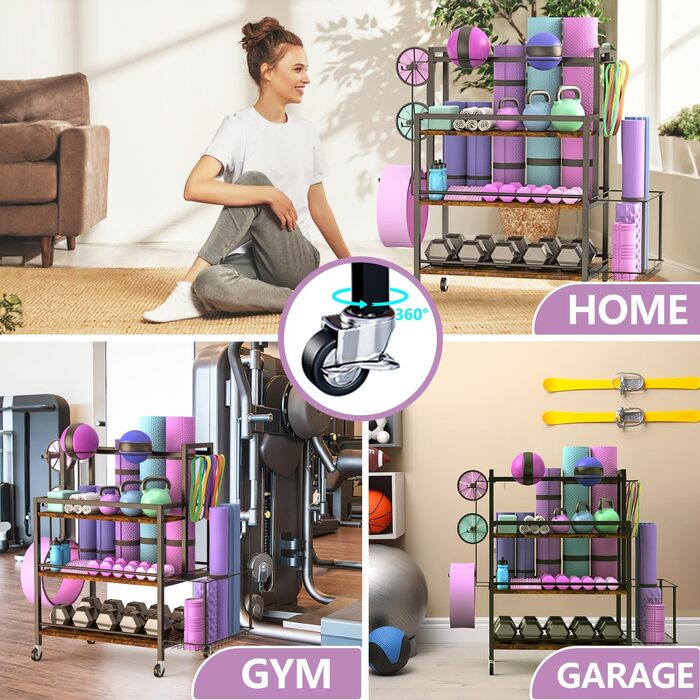 Стійка для зберігання обладнання для дому EasyCom: гантелі, гирі, ролик для пресу, килимок, стрічка, еластичні стрічки. З гачками та колесами, чорний колір