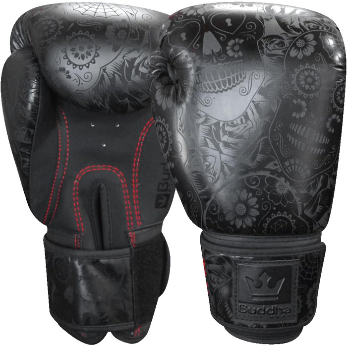 Боксерські рукавички BUDDHA FIGHT WEAR Fantasy Luzbel 16 унцій, пурпурні, для Муай Тай та кікбоксингу, преміум штучна шкіра, антимікробна підкладка, посилені шви, різні дизайни