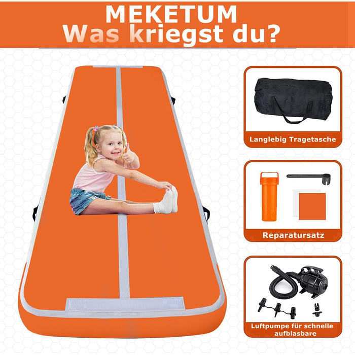 Мат для гімнастики MEKETUM Air Turn Track: 2м, 3м, 4м, 5м, 10/20см, товщина 10см. Антиковзка спортивна килимок для дому, тренувань, йоги, фітнесу. Зелений, помаранчевий