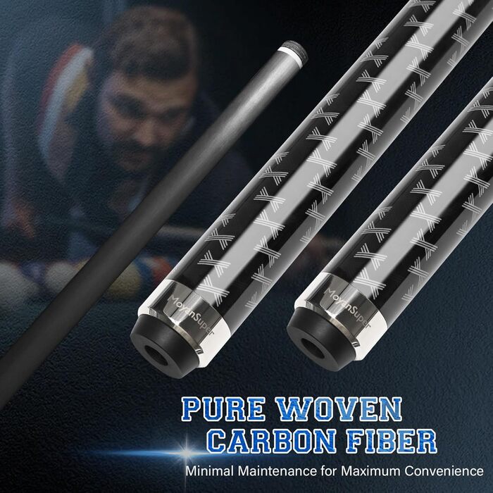 Професійний більярдний кий Billardqueue з карбону, низький упор, з кейсом та аксесуарами, 12.5 мм наконечник, 147.3 см, 567-595 г