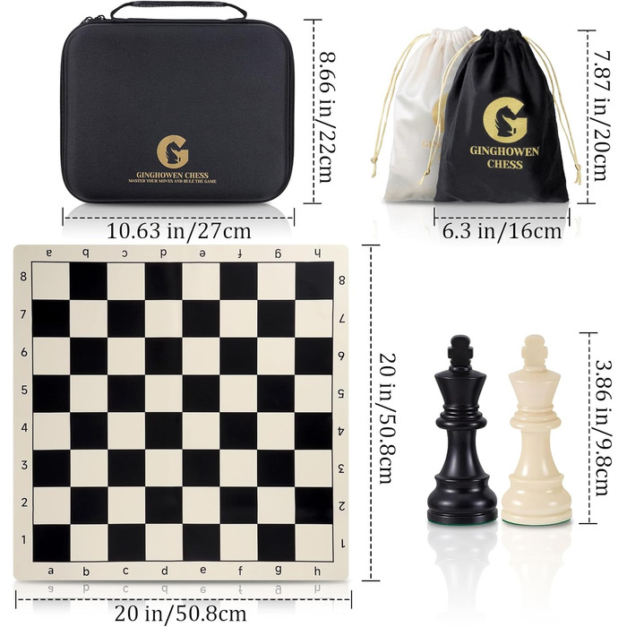 Набір шахів зі складною дошки з силікону, 50,8 см, фігури з вагою, висота короля 9,8 см, 2 додаткові королеви, складана дошка, портативний набір для подорожей та турнірів, з сумкою