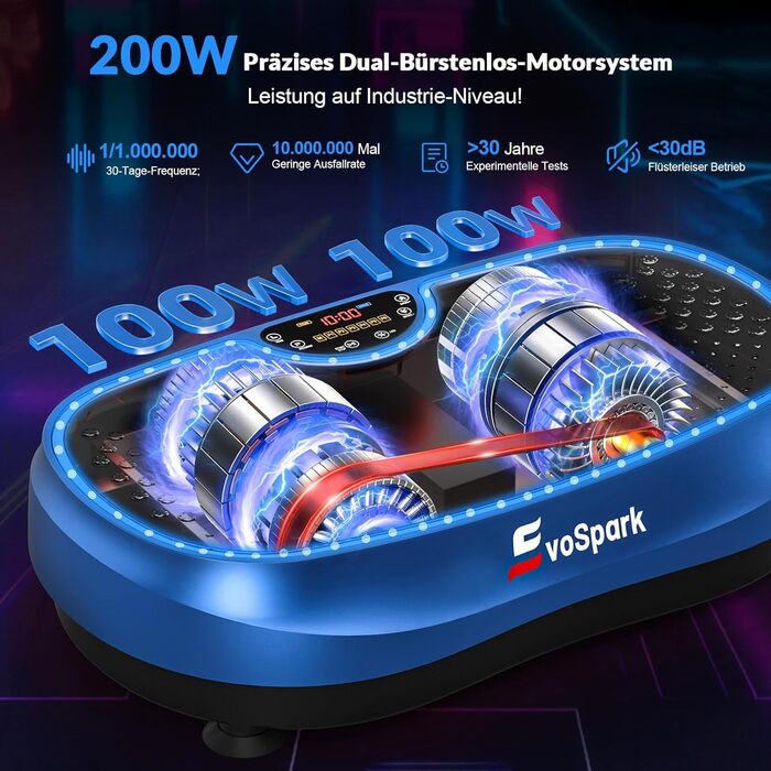 Вібраційна платформа для дому: 6+1 режимів тренувань, 199 швидкостей, 200W двигун, LED-підсвітка (темно-синій)