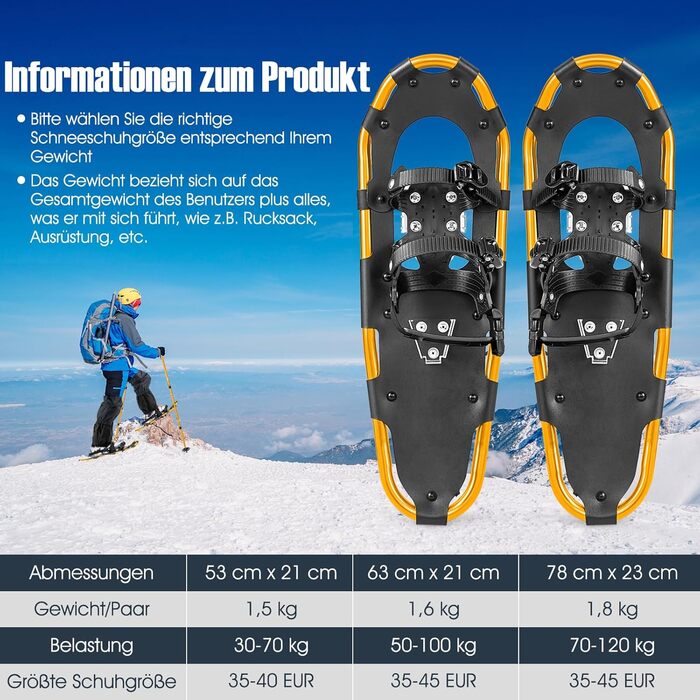 Снігоступи COSTWAY з підйомником, 38-45 розмір, подвійна фіксація, алюмінієвий каркас, трекінгові палиці, чохол, гетри, для чоловіків та жінок, 63 см, золоті