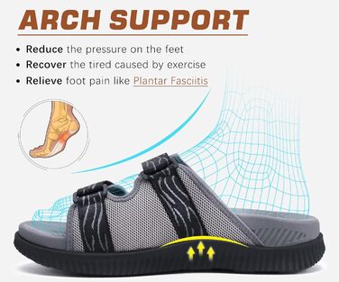 Чоловічі спортивні сандалі KuaiLu з м'якою устілкою, ортопедичні для фасціїту, підошва для хайкінгу, літні, легкі, відкриті, з регульованим липучкою (Сірий, 43 EU)