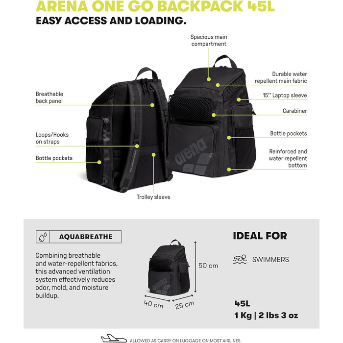 Рюкзак для плавання Arena One Go, чорний, 45 літрів, великий, для подорожей та спорту
