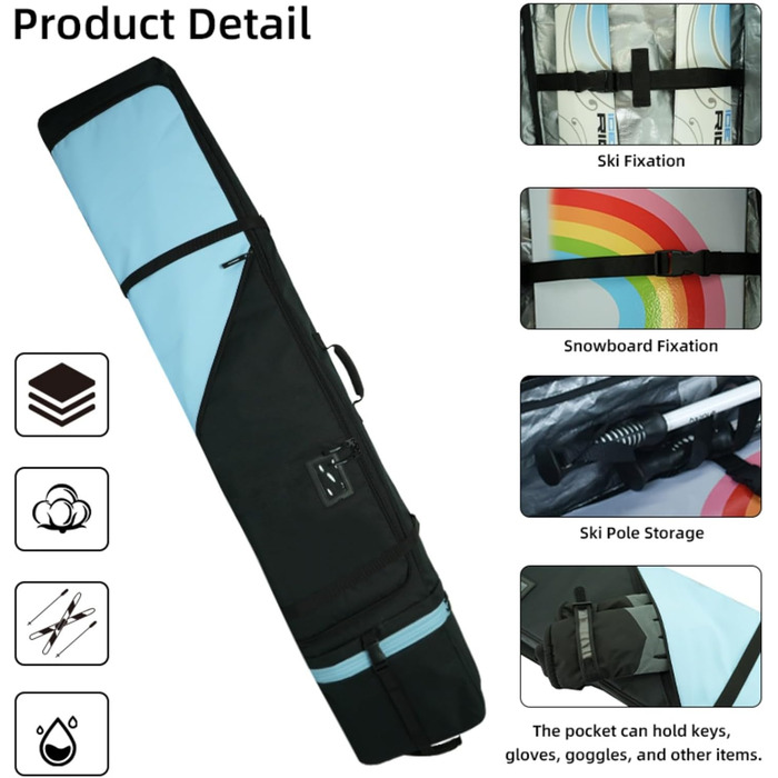 Чохол для сноуборду AUMTISC, чорний/синій, 155-180 см, водонепроникний, з регульованими лямками