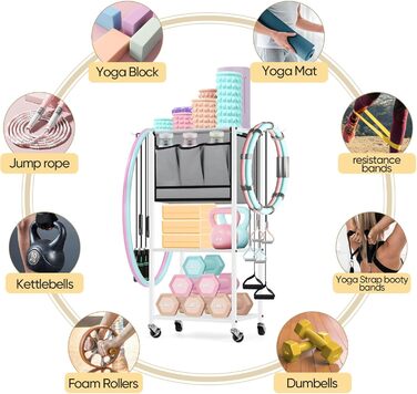 Стойка для гантелей для дому, багаторівнева полиця для зберігання, органайзер для йога-килимка та фасційного ролика, аксесуари для тренувань з роликами та гачками, білий
