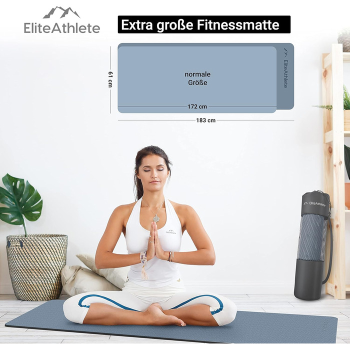 Килимок для йоги EliteAthlete 183x61x0,6 см, не ковзає, з ременем і чохлом, для фітнесу, пілатесу, спортзалу, чорний-синьо-синій