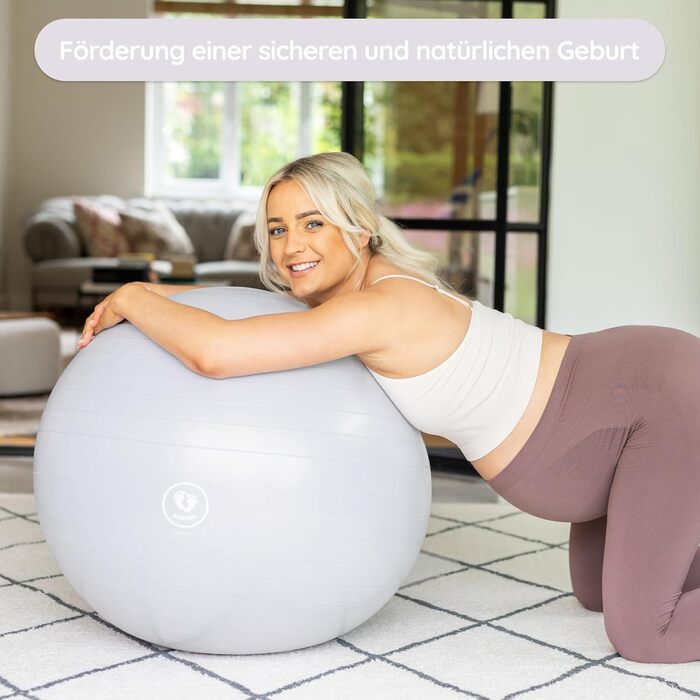 М'яч для пологів BABYGO – для вагітності, йоги, фізіотерапії та тренувань. Комплект з книгою. Підходить для всіх трьох триместрів. Плани пологів та відновлення. Екологічний, антивибуховий (Pearl, 65 см)