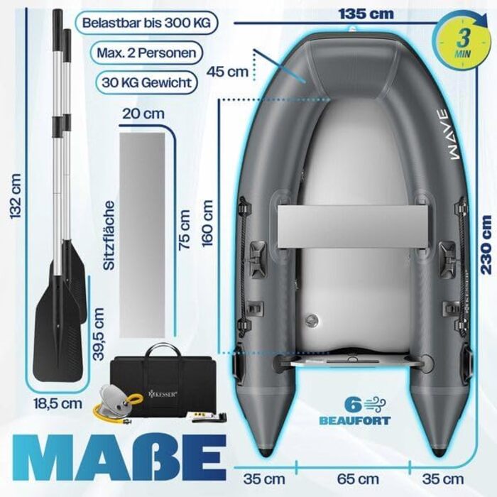 Надувний човен KESSER® Wave 230-320 см (комплект 6 в 1): човен, лавка, насос, весла, ремкомплект, сумка. Можливість встановлення мотора, для солоної води, антрацит.