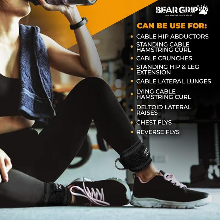 Петлі для ніг BEAR GRIP з неопрена з хутром, подвійні D-кільця з нержавіючої сталі, міцна застібка, для тренування преса, сідниць і ніг, пара