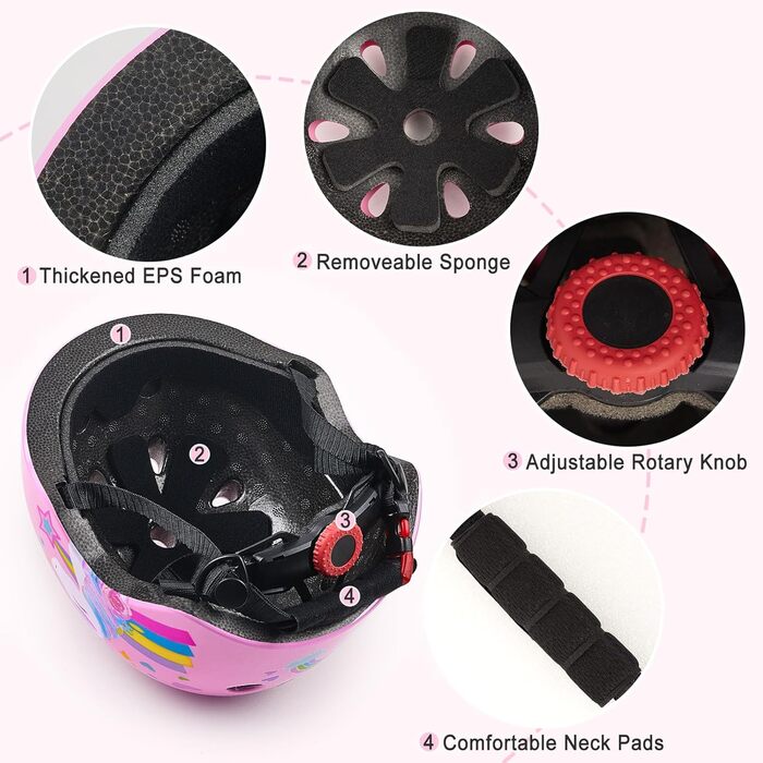 Дитячий шолом Unicorn Castle 7-в-1 з наколінниками, налокітниками та захистом зап'ястків для скейтборду, роликів, велосипеда (рожевий), 3-8 років