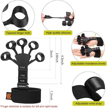 Набір для тренування сили хвату (6 шт.) з тренажером для пальців, зміцнювачем хвату та кільцем для тренування передпліччя. Для розвитку м'язів та відновлення після травм. Чорний, сірий