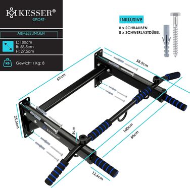 Турнік настінний KESSER 4-в-1 з нековзкими ручками, для канатів, кілець та боксерських мішків, різні хватки, безпечний та стабільний, синій, для дому
