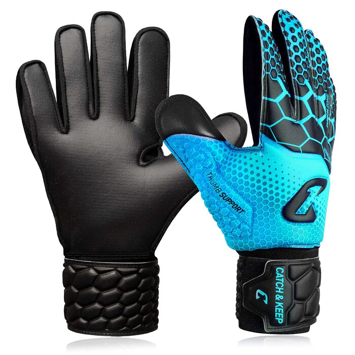 Воротарські рукавиці дитячі CATCH & KEEP Kralle Junior Pro 3.0 Dragon Grip, розмір 3-7 - блакитні, з підтримкою великого пальця