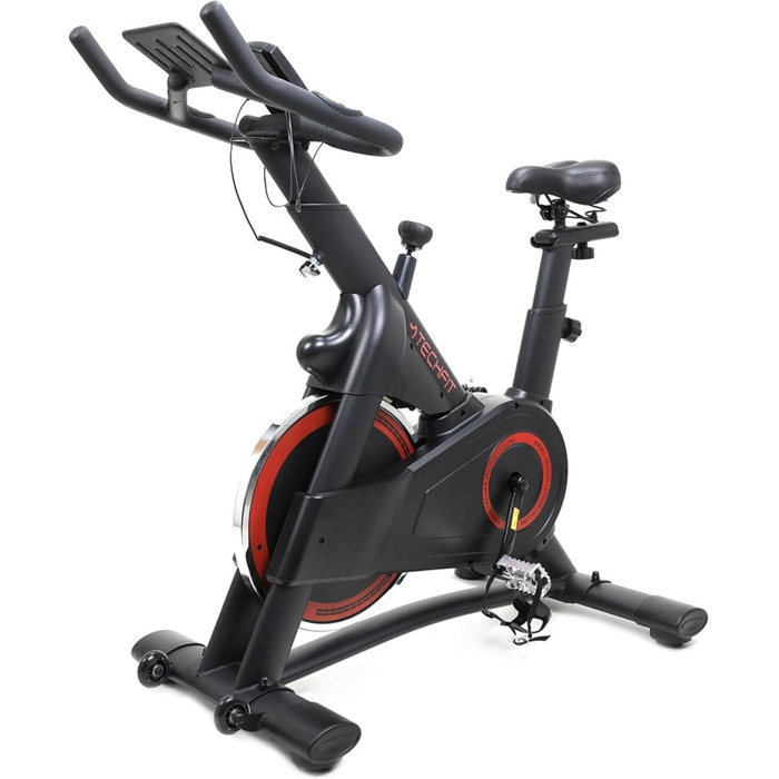 Велотренажер TechFit Professional Indoor Cycle з маховиком 20 кг, магнітним опором (99 рівнів), Bluetooth, дисплеєм, кріпленням для планшета, алюмінієвими педалями та регульованим кермом. Максимальна вага користувача: 200 кг. Розміри: 117x107x53 см