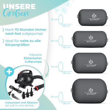 Надувна Airtrack KESSER® | з сумкою та електричним насосом | для акробатики, йоги, фітнесу, балансу, спорту, тренувань | 100 x 60 см, антрацит