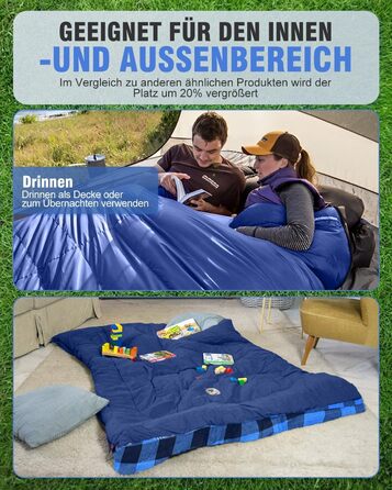 Спальний мішок для двох осіб з флянелі, 220 x 160 см, з двома блискавками, 2 подушки та сумка для перенесення, для дорослих, блакитний