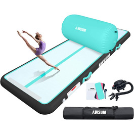 AWSUM Гімнастичний надувний мат для гімнастики з повітряним трекінгом, надувний, 300x100x10 см та 100x60 см, м'ятно-зелений+чорний, з насосом