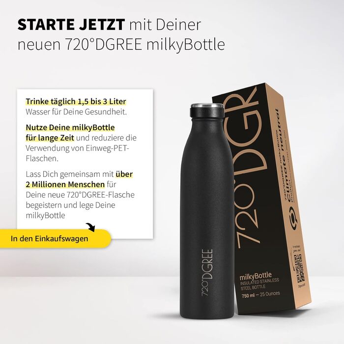 Термос 720°DGREE milkyBottle 1 л, нержавіюча сталь, BPA-free, для газованої води, спортивна пляшка, університет, школа, фітнес, кемпінг, матова чорна