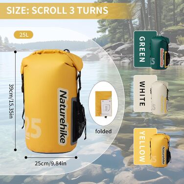 Водонепроникний рюкзак Naturehike Dry Bag – 25L/15L/10L. Сумка для каякінгу, човнів, риболовлі, рафтингу, плавання та сноубордингу (Жовтий 25L)