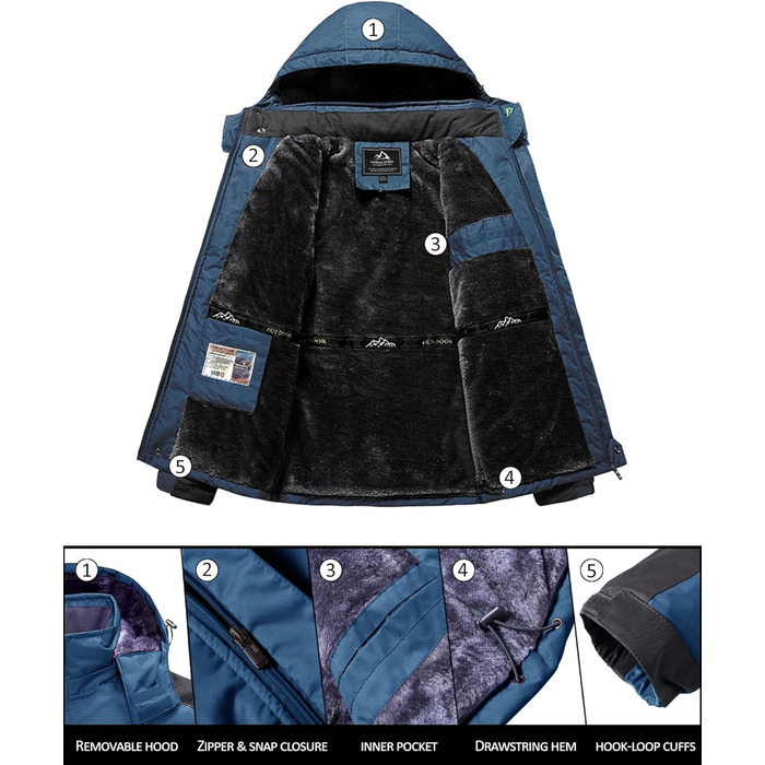 Зимова куртка KEFITEVD для чоловіків: водонепроникна, тепла, з підкладкою, для катання на лижах, спортивна, вітронепроникна, дихаюча, функціональна куртка з відстібаною капюшоном, XL, блакитна