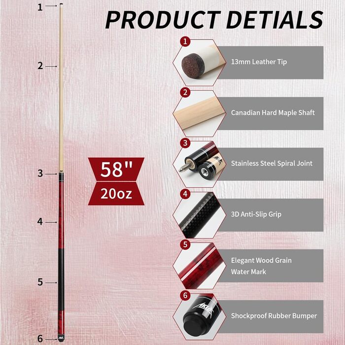 AKLOT Більярдний кий 58' (18oz-21oz) - канадський клен, шкіряна насадка 13mm, 3D ручка, прецизійне з'єднання, для гравців (Бордовий, 570g)
