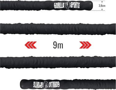 Тренувальний бойовий канат GORILLA SPORTS® - 9м/12м/15м, діаметр 38мм/50мм, з кріпленням, нейлон, чорний. Для силових тренувань, розвитку м'язів.