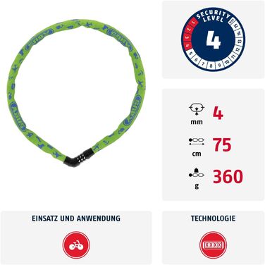 Кодовий ланцюговий замок для дитячого велосипеда ABUS Steel-O-Chain 4804C SYMBOLS, рівень безпеки 4, зелений (Lime), 75 см