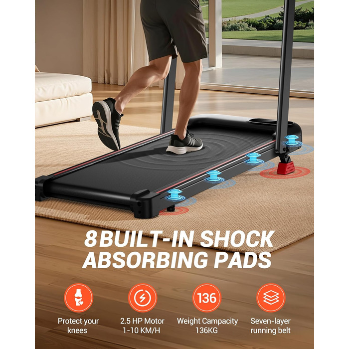 Біговий тренажер CURSOR 4-в-1: складаний, з нахилом 15%, Walking Pad з регулюванням нахилу та трійною амортизацією, дистанційне керування, максимальне навантаження 136 кг